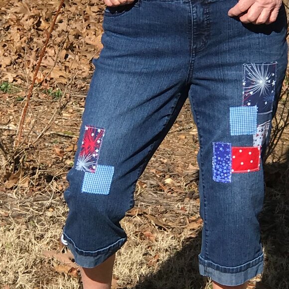 Upcycled Patchwork Jean Capris: Patriotic Theme Cropped Pants 4th of July, 12P - Picture 8 of 12